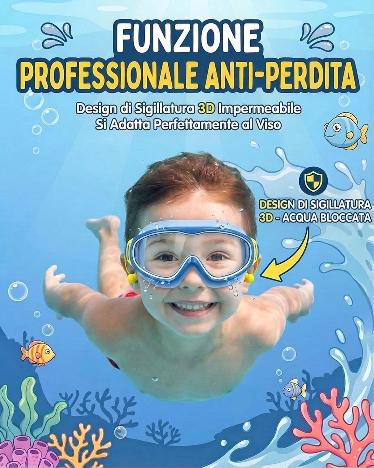 Occhialini Nuoto Bambini, Lenti Grandi, Anti-UV, Antiappannamento, Impermeabili, Vestibilità Comoda, Cinturino Regolabile, Visione Panoramica, Ideale come Regalo per 3-15 Anni