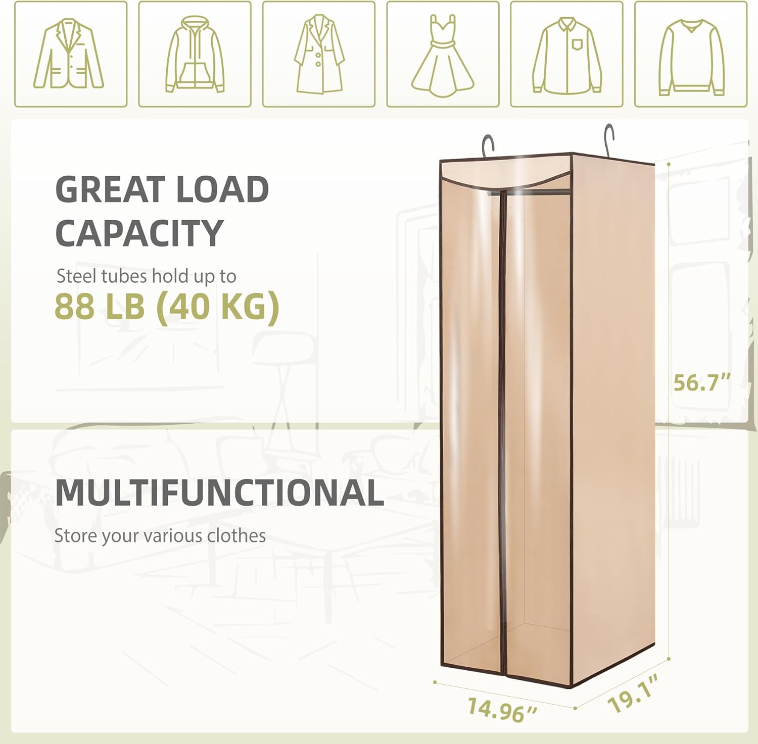 Garment Bags for Hanging Clothes Storage, Long Garment Cover with Zippered Clear Window for Closet Wardrobe Clothes Rack Organizer, Hanging Garment Bags for Dresses, Suits, 1 Pack, Beige - Image 3
