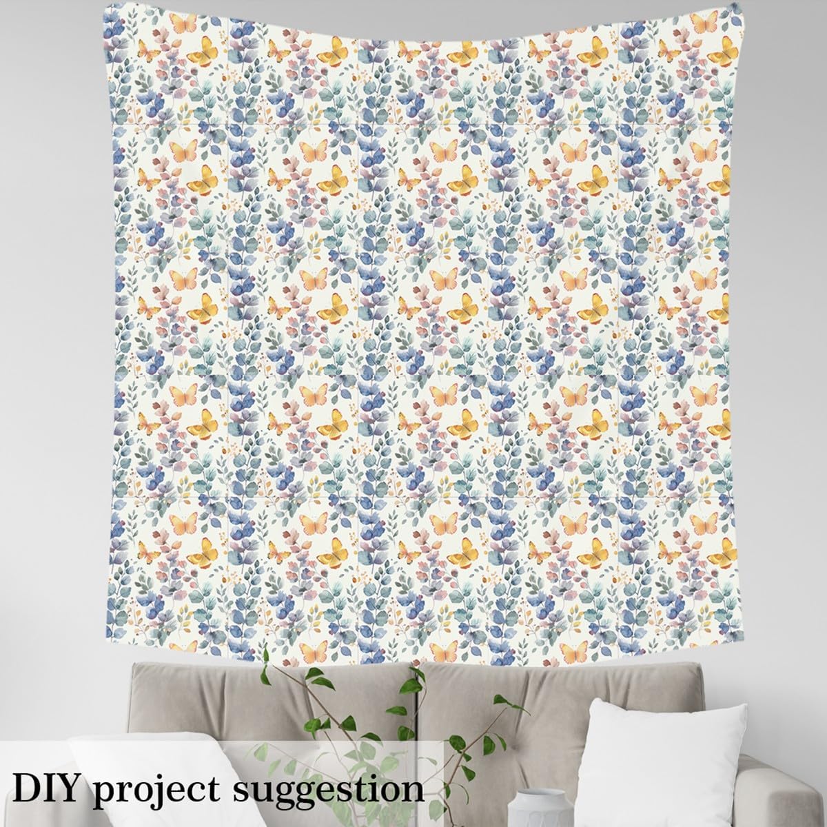 Erosebridal Butterfly Fabric by The Yard,Leaves Botanical Garden Fabric,Watercolor Tie Dye Flowers Upholstery Fabric for Chairs,Ink Painting Golden Animals Decorative Fabric,Yellow Blue,3 Yards