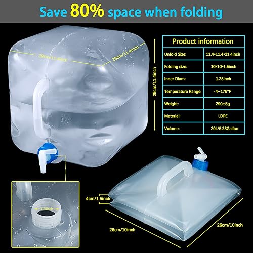 Miniatura 10 de CINPIUK Contenedor de agua plegable de 5 galones con espiga, jarra de agua para camping, cubo de almacenamiento de agua al aire libre, agua portátil