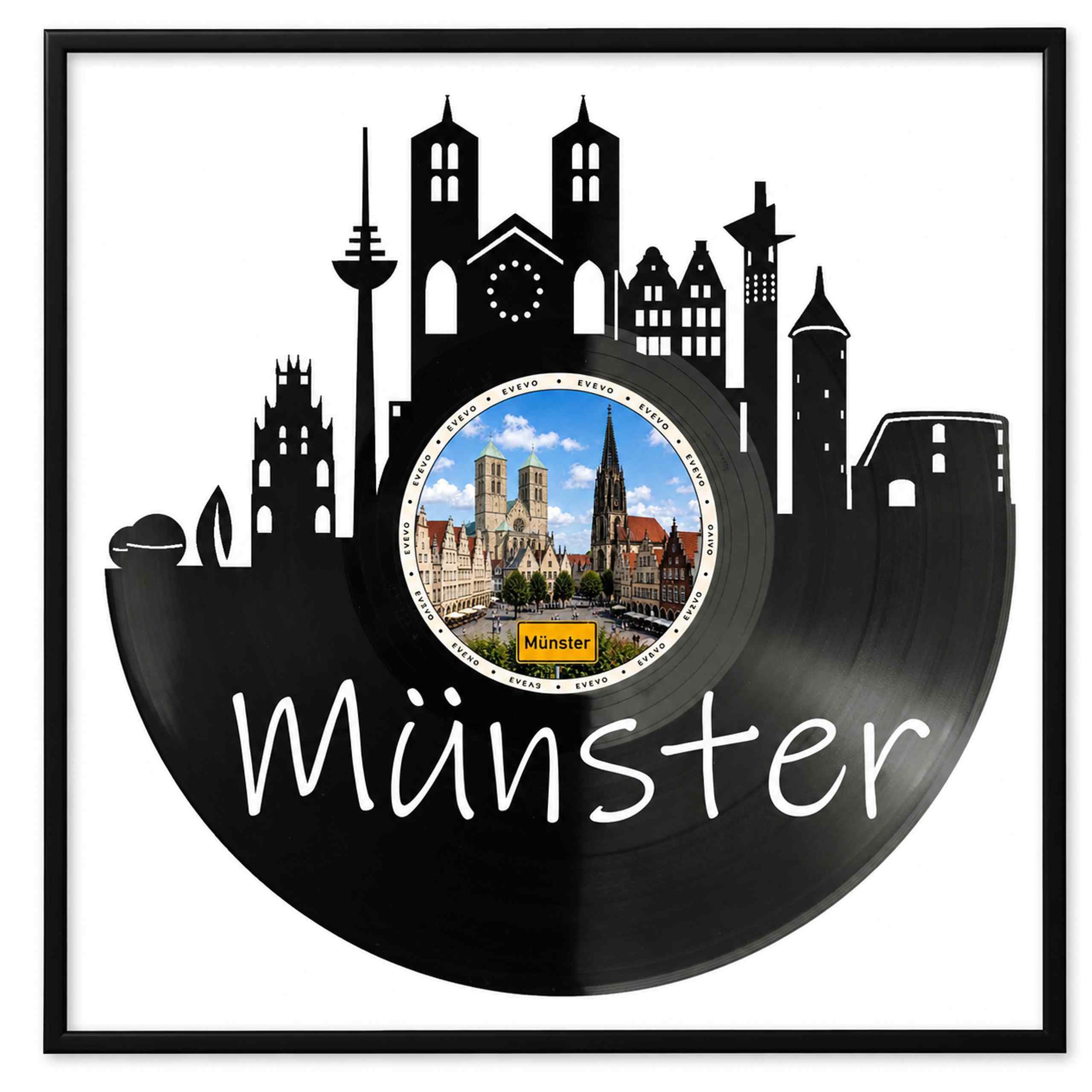 EVEVO Münster, decorazione da parete in vinile, con cornice, 32 x 32 cm, motivo: città di biciclette, regalo per gli amanti della Westfalia