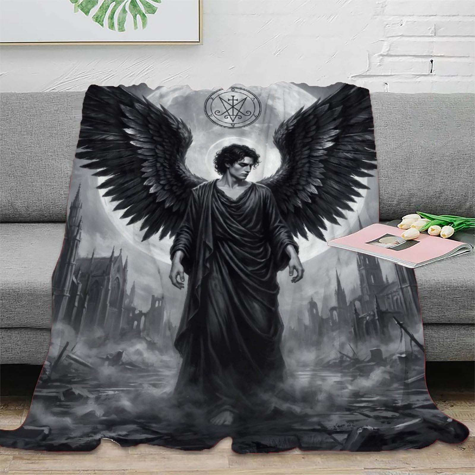 W7C8U2X3 Dark Angel Lucifer Monochrome Blanket, Flannel, Gothic Fantasy Art