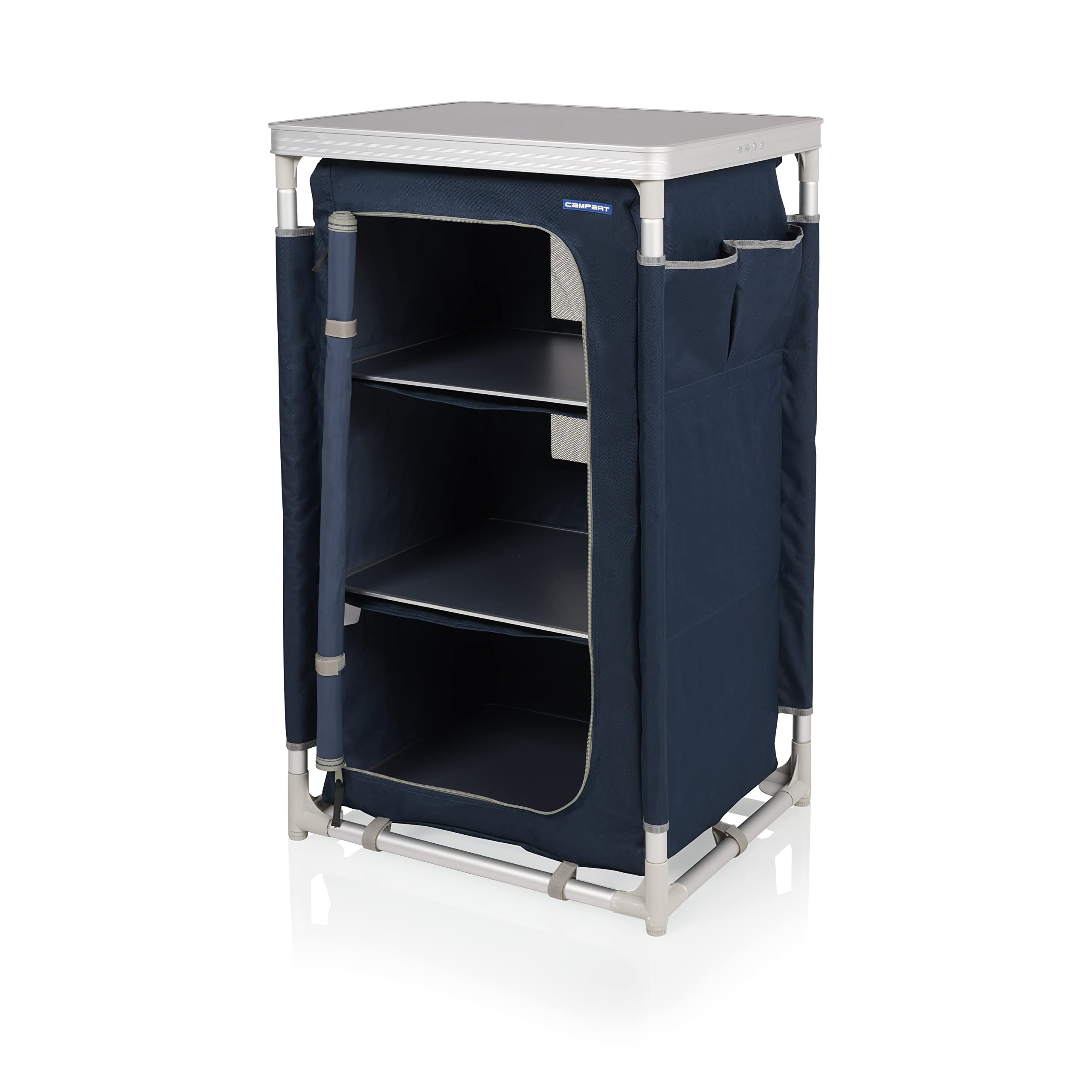Campart CU-0410 – Credenza da campeggio Nantes – 4 piedi regolabili – 3 compartimenti – Blu, Grande
