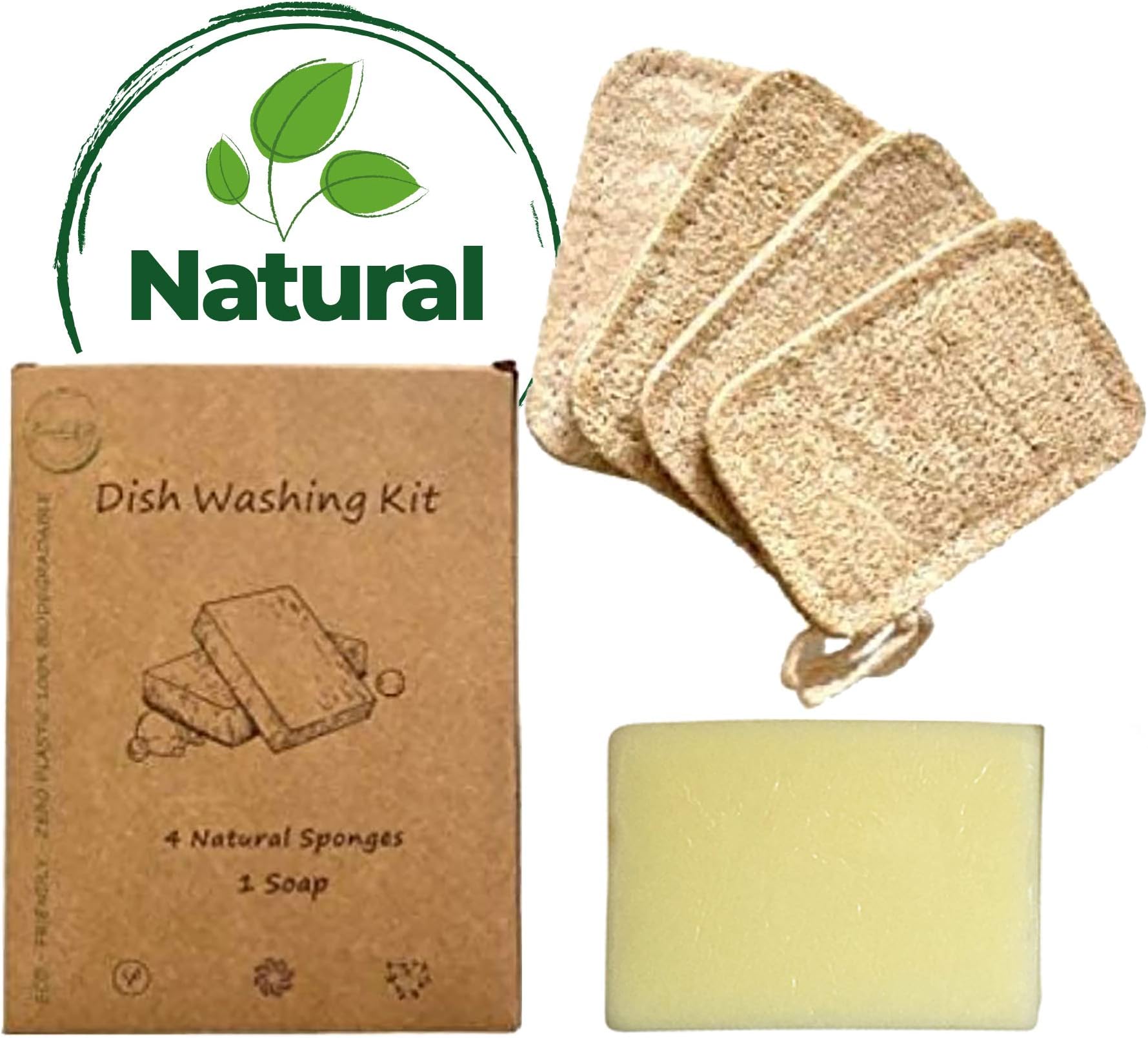 Ecolif3 - Eco Soap Dish for Crockery and Cutlery, Soap Bar for Dishes, Natural Soap with Lemon Scent, 250 g with 4 Loofah Sponges