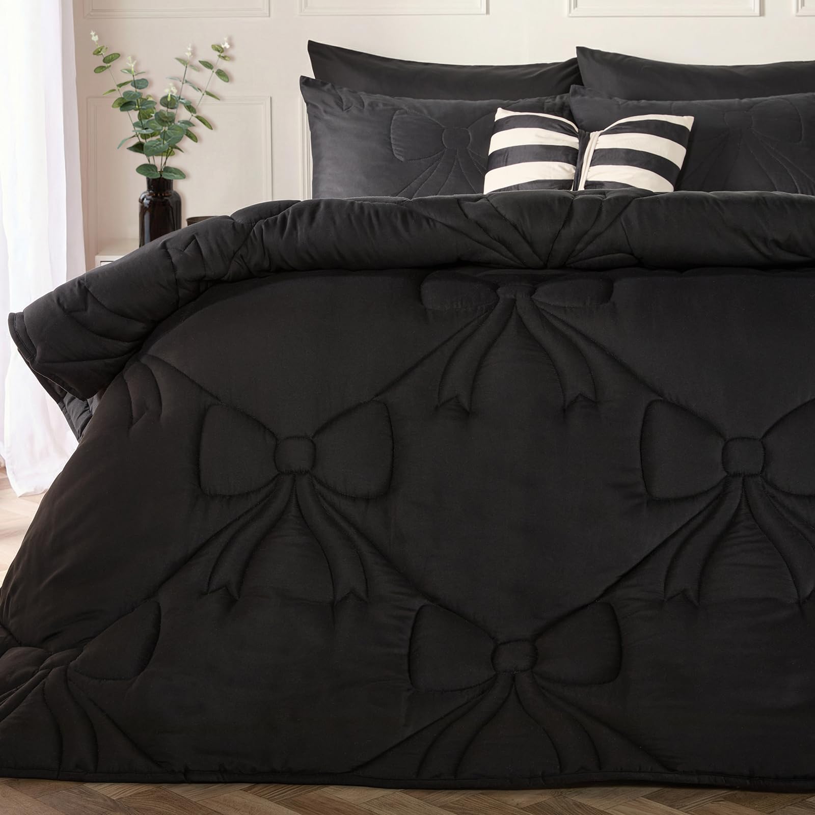 OHS Coverless Duvet Double, Gifts for Women 7.5 Tog Bow Bedding Soft Warm Microfibre Lattice Bow Quilted Coverless Duvet Summer Camping Quilt Comfy Washable Double Duvets with Pillowcases, Black