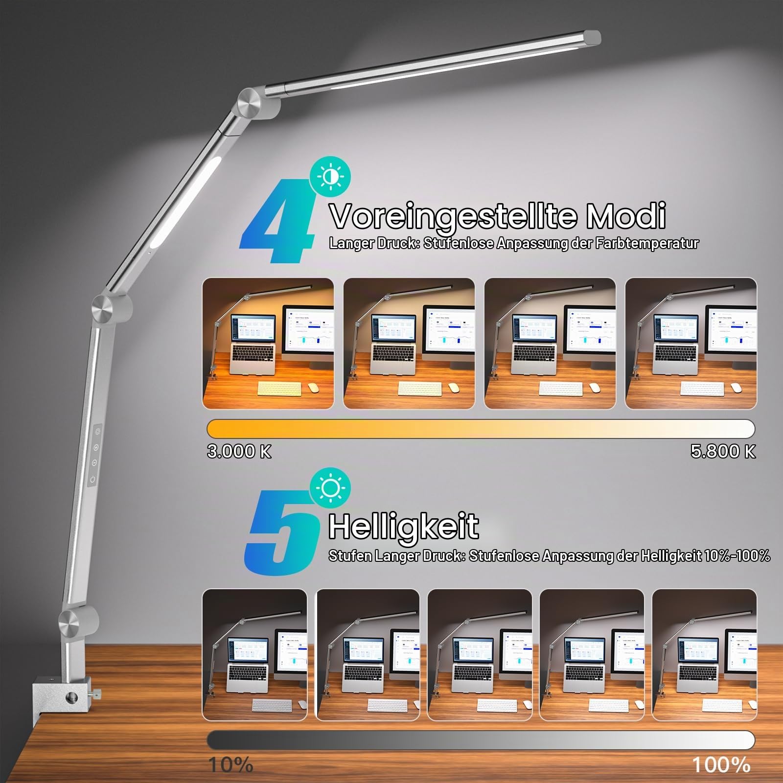 VERSKI Schreibtischlampe LED, Dimmbar 18W Doppelte Lichtquelle Schreibtischlampe für Homeoffice, Klemmbar Augenschutz Tageslichtlampe, 5 Farbtemperaturen und Helligkeit Einstellbare Büro Tischlampe