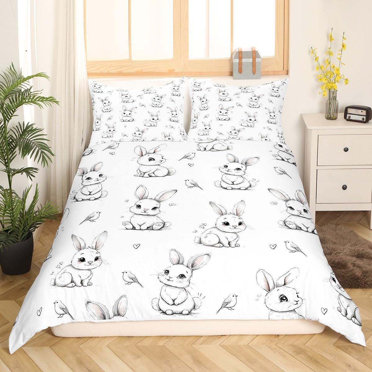 Feelyou Cute Rabbit Cartoon Bedding Set Queen Size Easter Bunny Duvet Cover for Boys Girls Teens White Comforter Cover Set Kawaii Animal Bedspread Cover 3Pcs