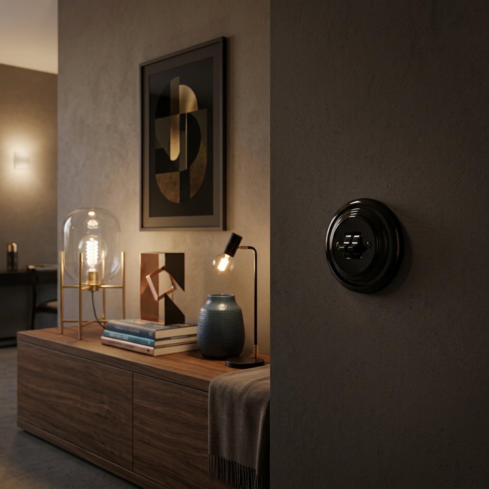 Unterputz Porzellan Retro Toggle Doppelschalter, All-in-One, Serie PR1 schwarz