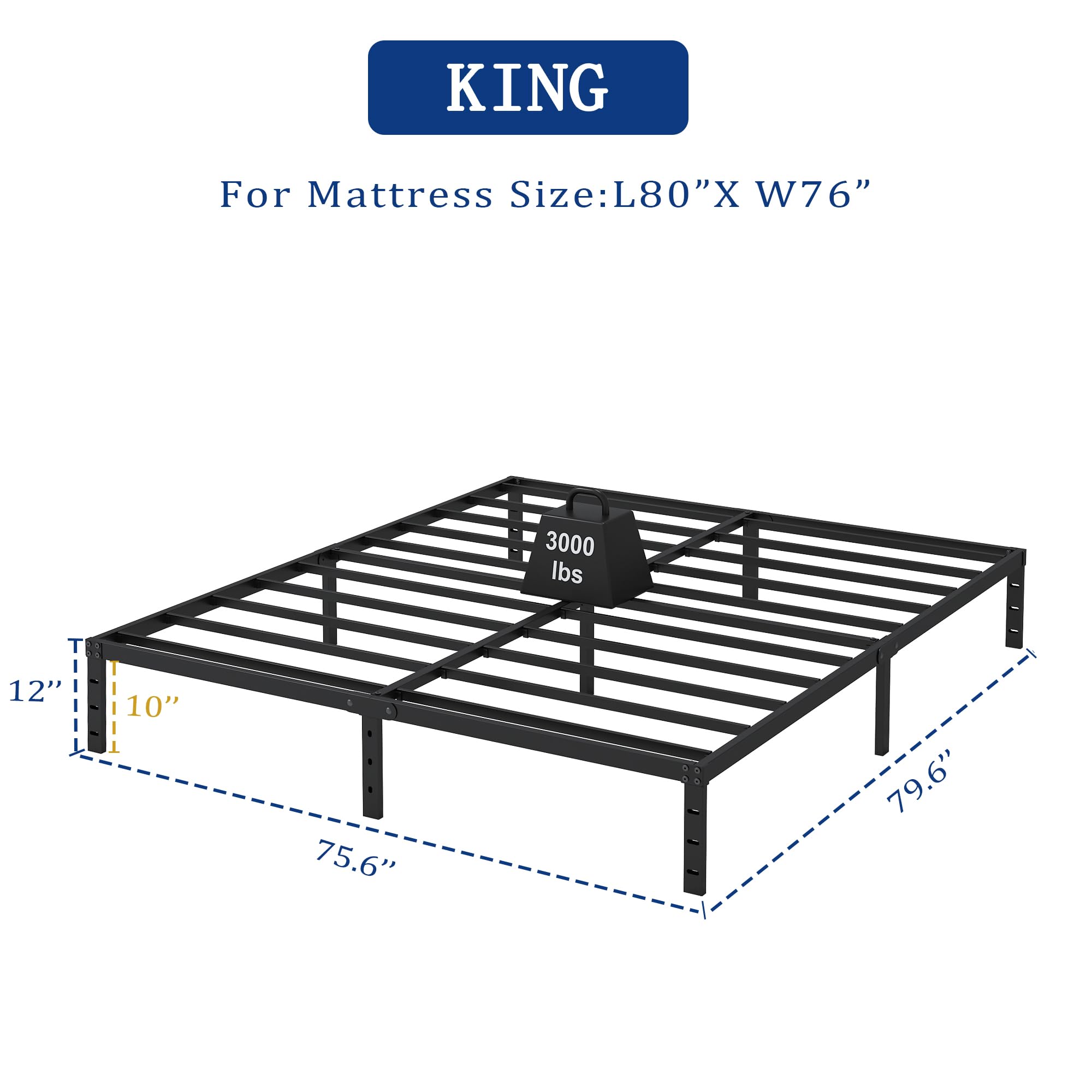 ALDRICH 12 Inch Metal King Size Bed Frame - Double Black Basic Steel Slats Platform, Easy Assembly Heavy Duty Noise Free Bedframes, No Box Spring Needed