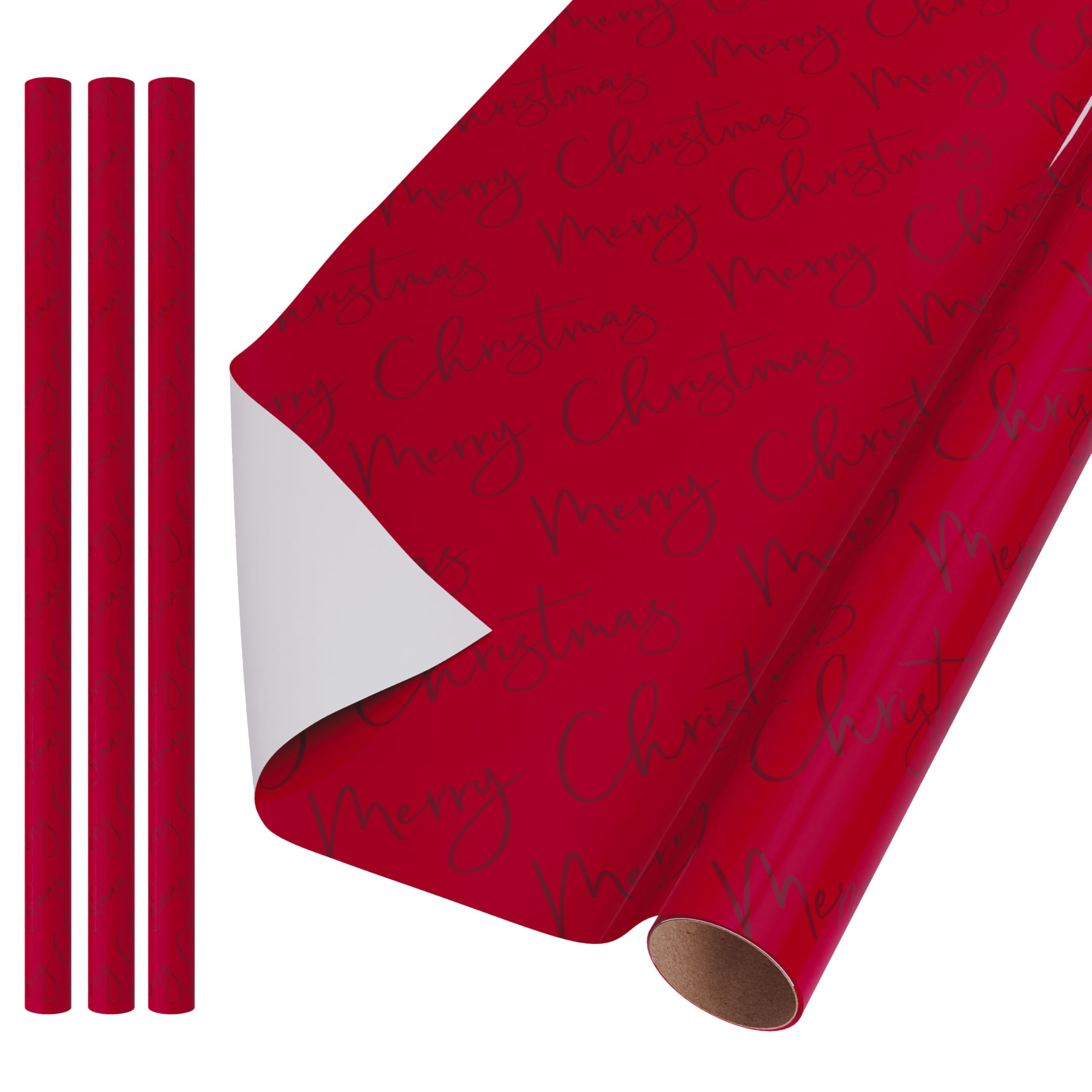 UK Greetings | Multipack of 3 Roll Wraps for Him/Her/Friend | For Christmas Gifts | Merry Text Design | 12m Total | 3 x 4m Rolls