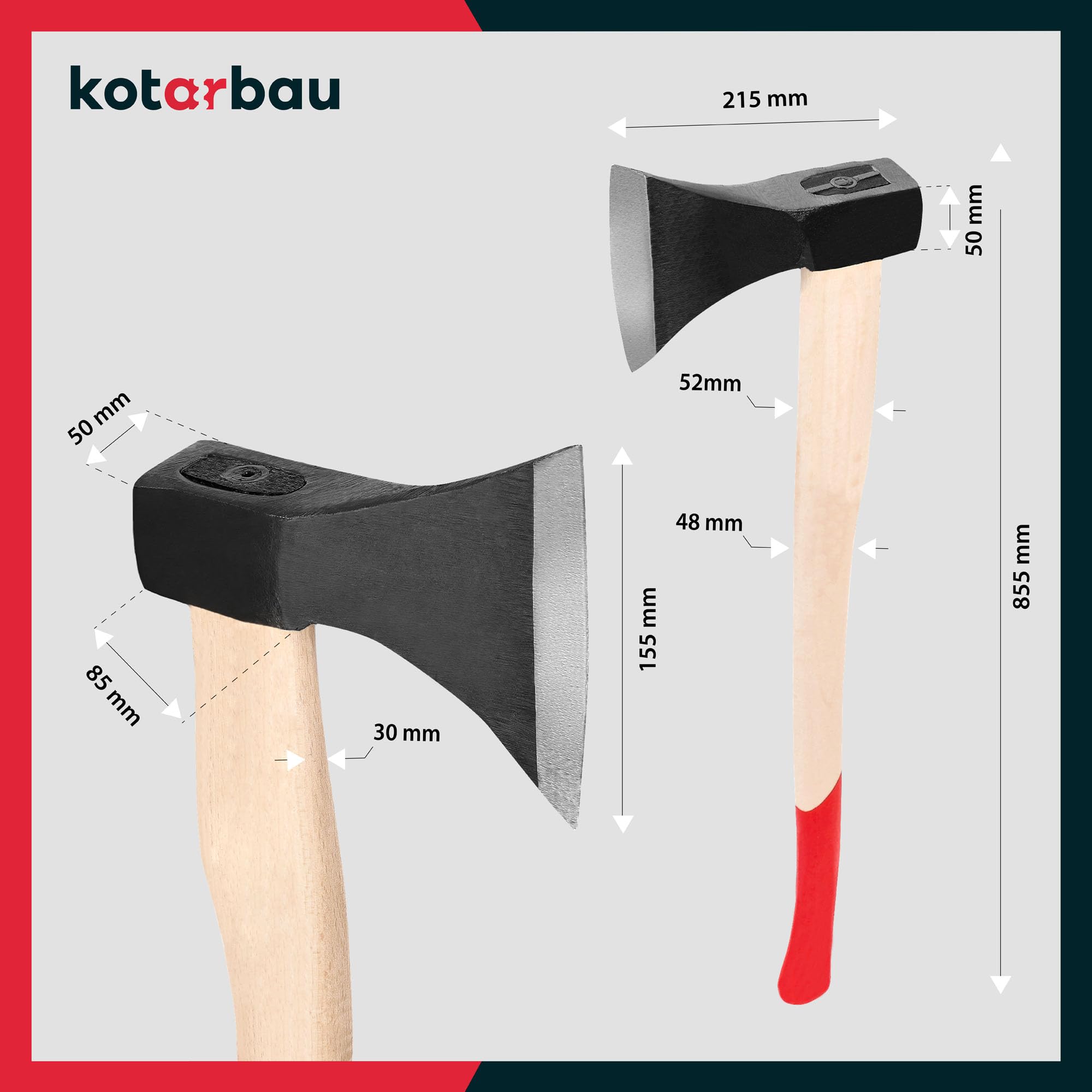 KOTARBAU® Hacha forjada 2,5 kg Longitud total 794 mm con mango de madera Hacha para hendidura de madera Hacha de cañón Martillo de madera