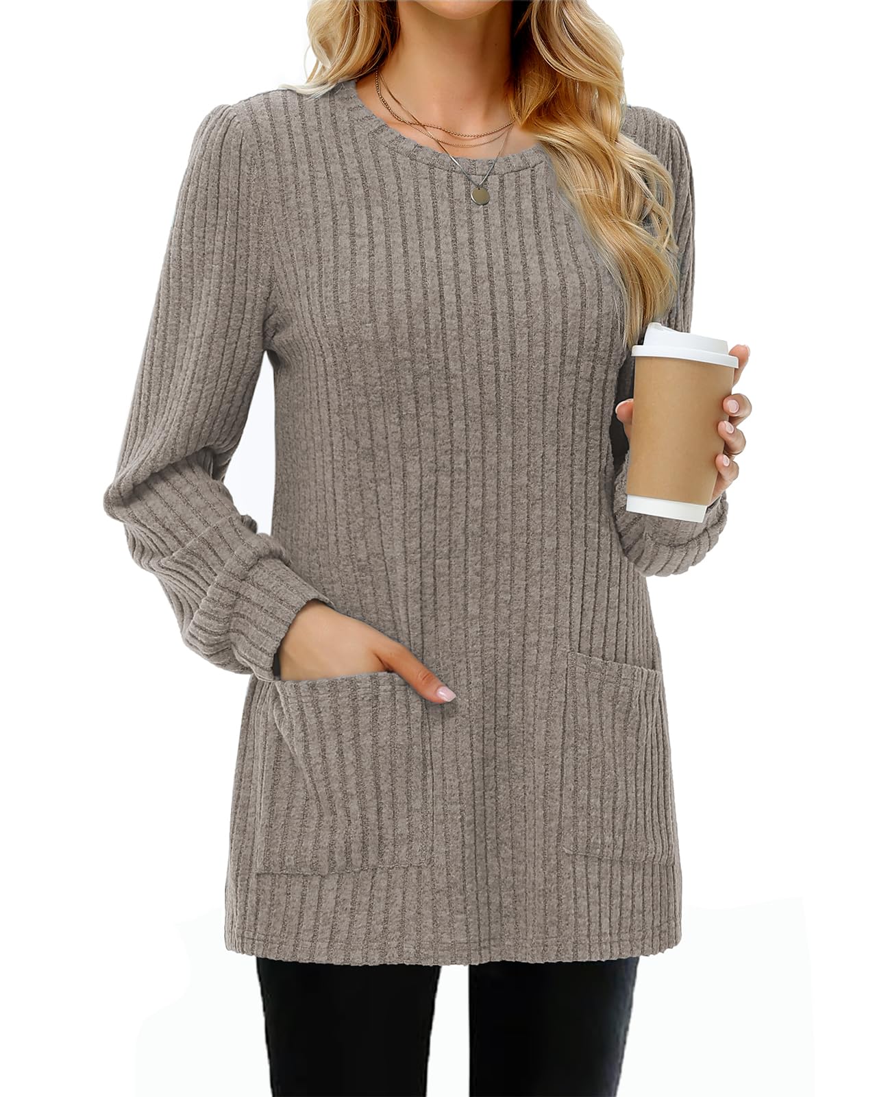 Tanmolo Damen Leichte Pullover Casual Rundhals Langarm Shirts mit Taschen Strickpullover Herbst Tunika Winter Oberteile