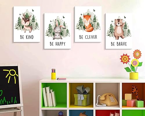 Miniatura 3 de Creoate Arte de pared para decoración de habitación de niños, 4 piezas de imágenes de animales lindos con citas inspiradoras, lienzo impreso, juego