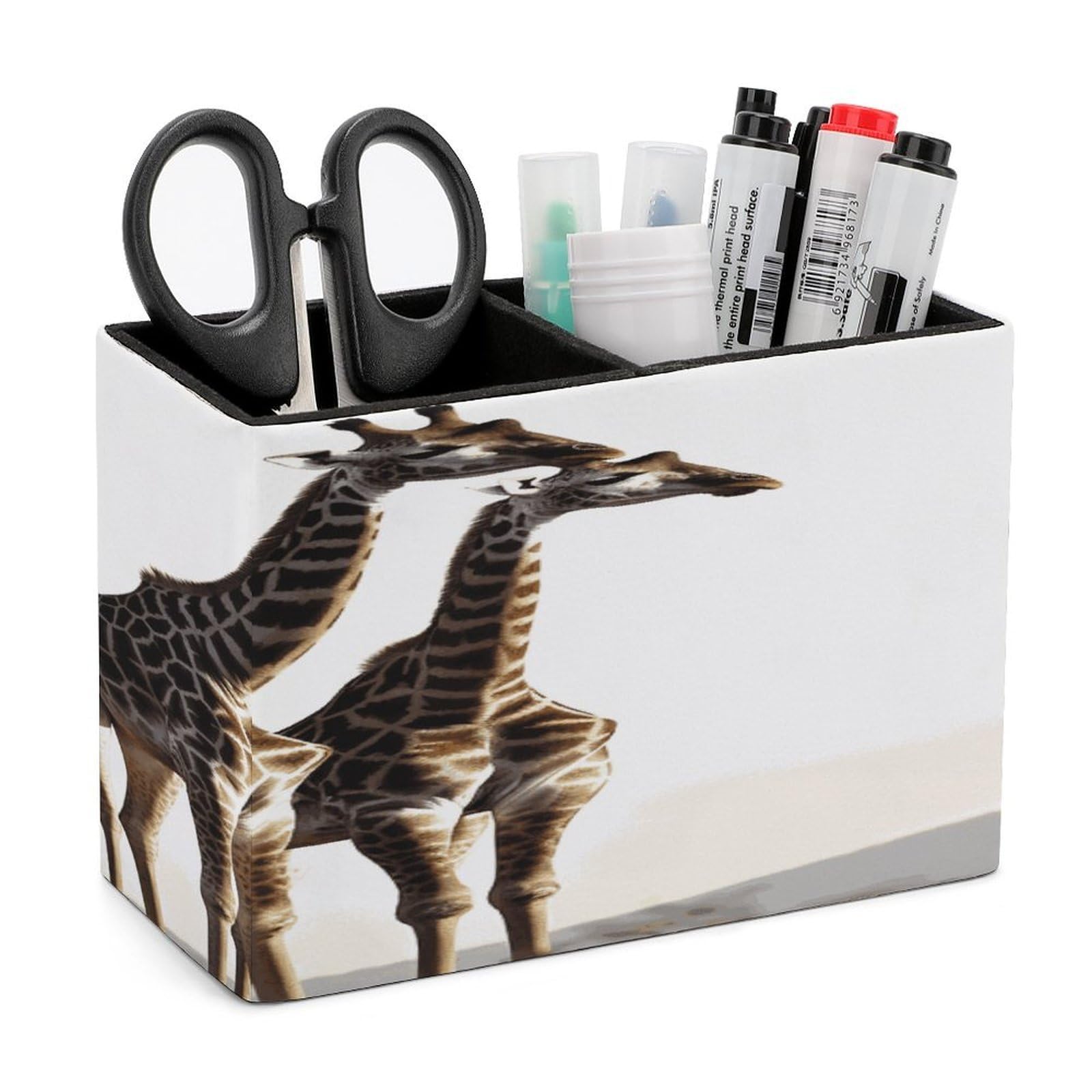 VstaDank African Giraffe Pencil Holder for Desk(Double Slots) Fashion Leather Pencil Cup Simple Rectangular Shape Pen Holder Multi-Functional Pen Cup for Home Office Supplies Storage