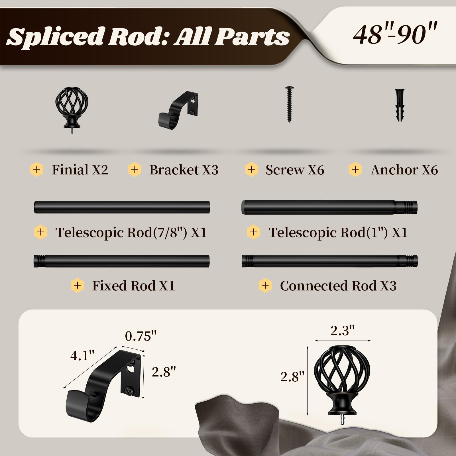 Black Curtain Rods - 48-90 Inch, Heavy Duty -9