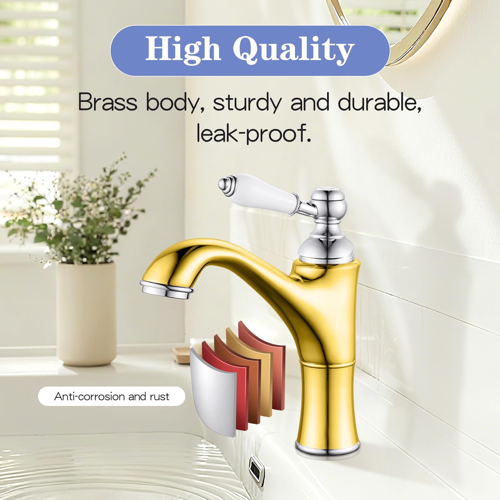 Rubinetto Bagno Lavabo Cromato Monocomando Miscelatore Lavabo Bagno con Manopola in Ceramica, Aeratore Removibile, Ottone G3/8
