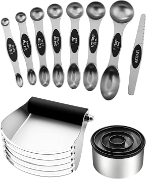 Spring Chef Stainless Steel Magnetic Measuring Spoons, Set of 8 with Leveler & Large Dough Blender & Biscuit Cutter Set - 2 Product Bundle - Black