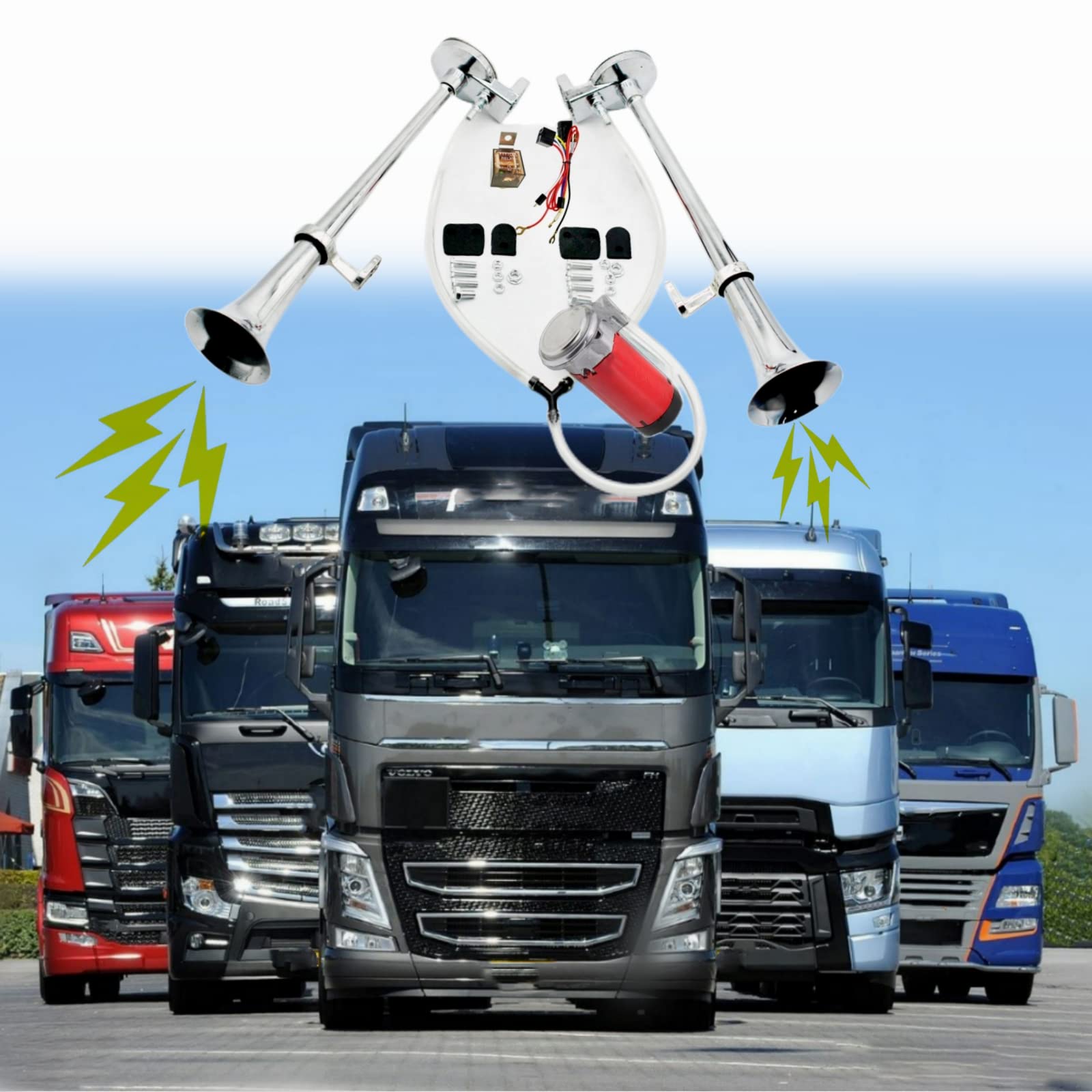 Lufthupe LKW Hupe 24V Auto Hupe Doppelrohr Zink Chrom Silber 170db Car Horn Lufthörner roter Luftpumpe erklingen Lautsprecher Air Horn für 24V Auto LKW Moto SUV usw