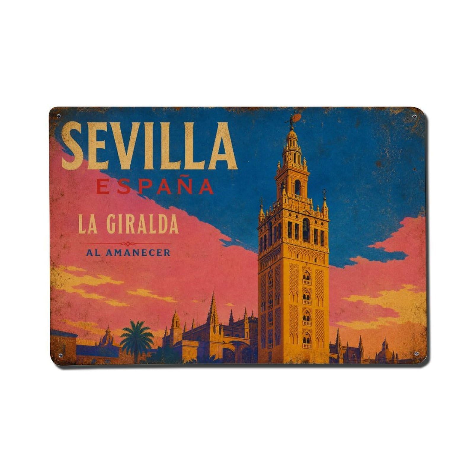 Yrnq 08X12inch Vintage Style Vintage Giralda Tower Dawn First Light Morning Spain Metal Tin Sign