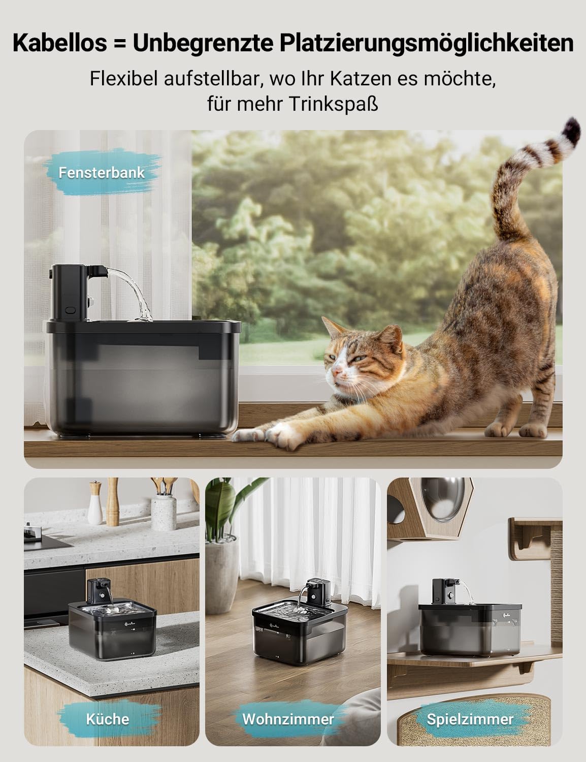 DownyPaws 2.5L Trinkbrunnen für Katze Kabellos, Katzenbrunnen Kabellos mit Bewegungsmelder, Batteriebetrieben Katzentrinkbrunnen, 4000mAh, Leise Wasserpumpe, Tablett aus Edelstahl für Katze, Schwarz