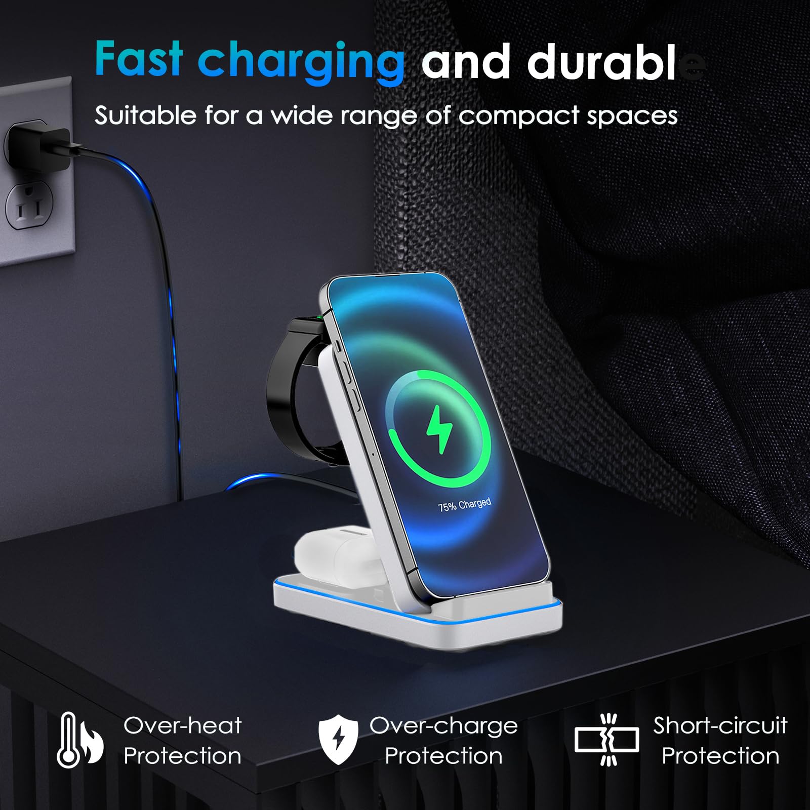 Indukcyjna stacja ładująca 3 w 1, bezprzewodowa ładowarka do urządzeń Apple z adapterem, 15 W Max Fast wielofunkcyjna ładowarka do telefonów komórkowych iPhone/Samsung/Apple Watch/Apple