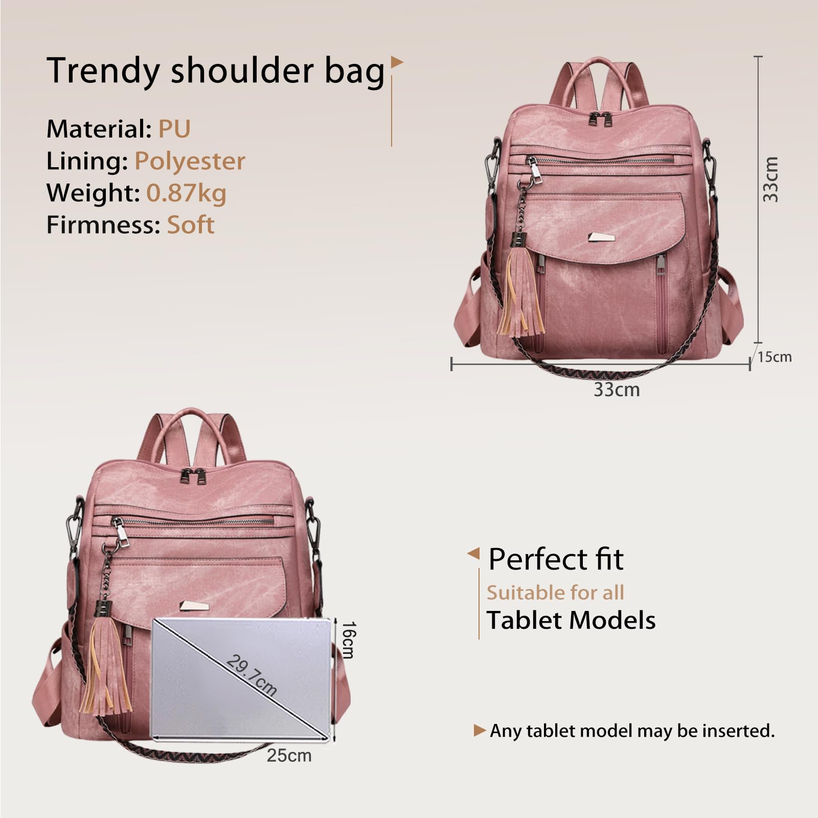 CORIOS Mochila con Flecos Mujer Bolso Mochilas de PU Cuero Morral Backpack de Múltiples Bolsillos Convertible Bolso de Mano de Hombro Bolsas de Escuela Daypack Retro Mochilas para Viaje Trabajo Rosa