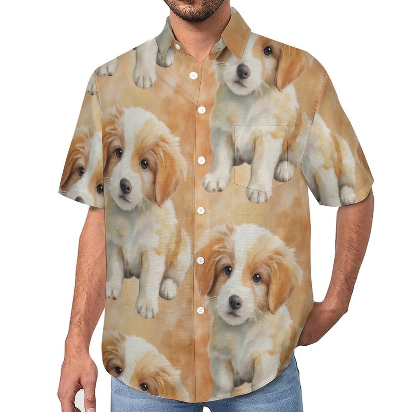 Camicie da Uomo a Maniche Corte con Stampa della Cucciolo Carino Animale Ad Acquerello, Casual Leggere Bottoni Camicia con Tasca Frontale, per Vacanze Spiaggia Estate