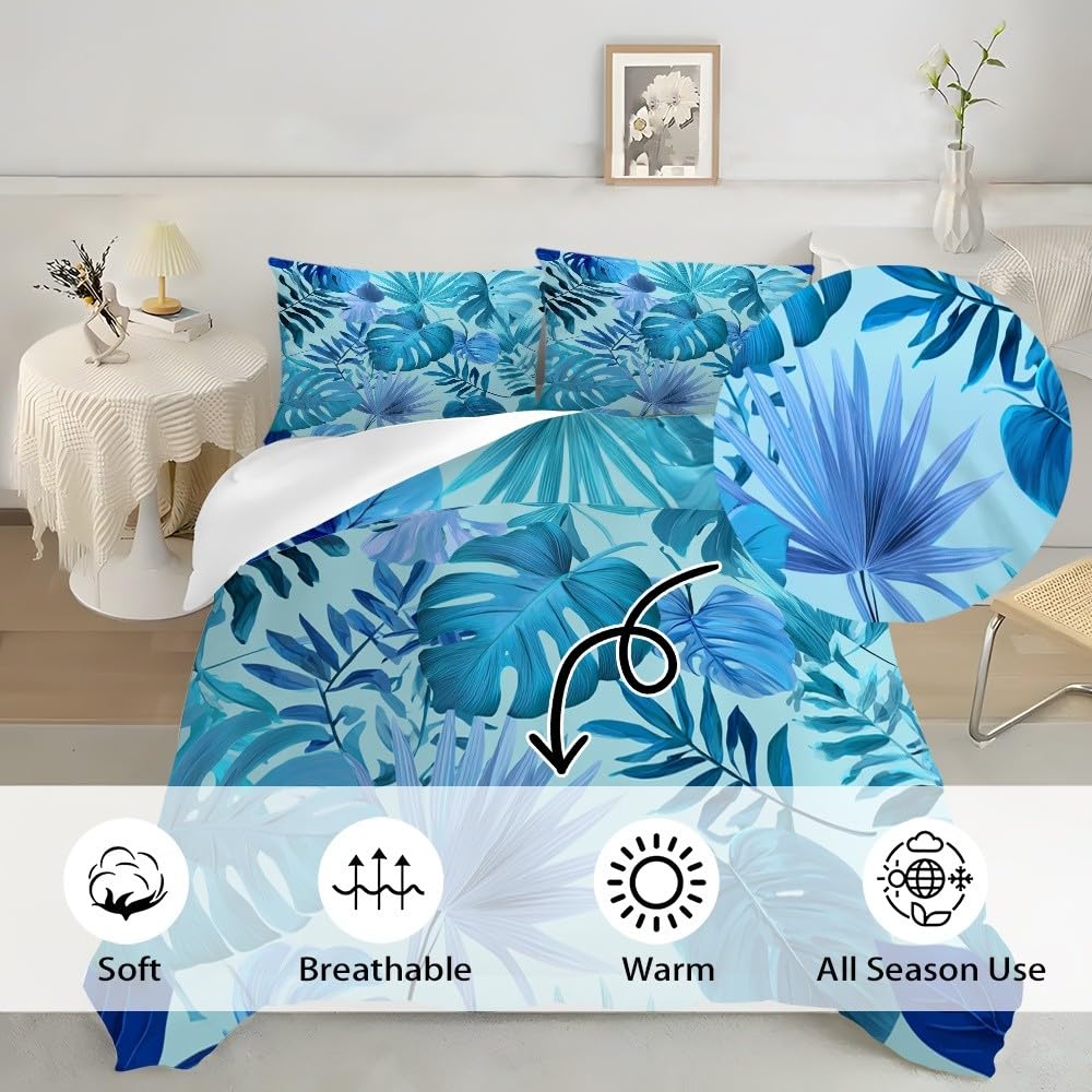Tropikalna roślina, monstera, oddychająca, przyjemna poszwa na kołdrę, 3-częściowa, 155 x 220 cm, miękka poszewka na kołdrę z mikrofibry, niebieska, odpowiednia dla dzieci i dorosłych, kreatywna