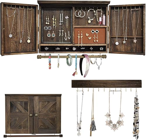 GLANT Organizador de joyas rústico montado en la pared con decoración de madera de granero, soporte para joyas para collares, aretes, pulseras, GLANT Organizador de joyas rústico montado en la pared con decoración de madera de granero, soporte para joyas para collares, aretes, pulseras,