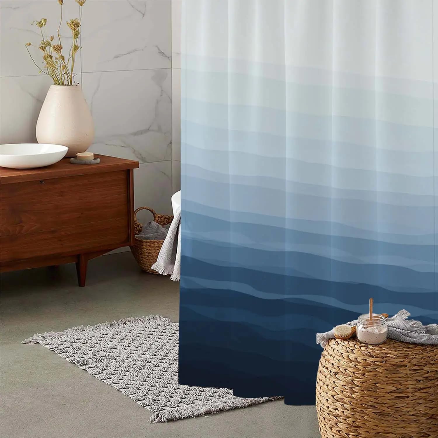 Ge, tenda da doccia sfumata blu – motivo onde oceaniche 12 ganci lavabile in lavatrice in poliestere decorazione bagno 120 x 175 cm – elegante e