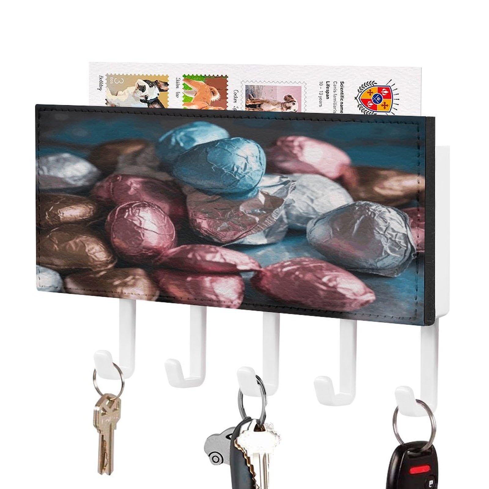 Fekiloot White-Style Valentine's Day Candy Key Holder Wall Mount Key And Mail Holder Key Hanger With 5 Hooks Decorative Pu Key Rack Hanging Key Hooks For Wall Living Room Kitchen Bathroom Hallway