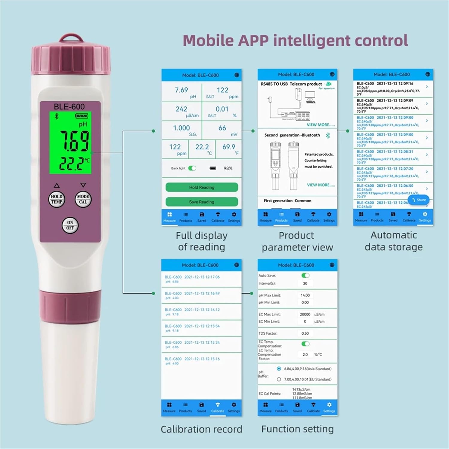1pc BLE-C600 Compatible Water Quality Pen 7 in 1 PH EC TDS ORP Salt S.G Temp Meter APP Intelligent Control Tester