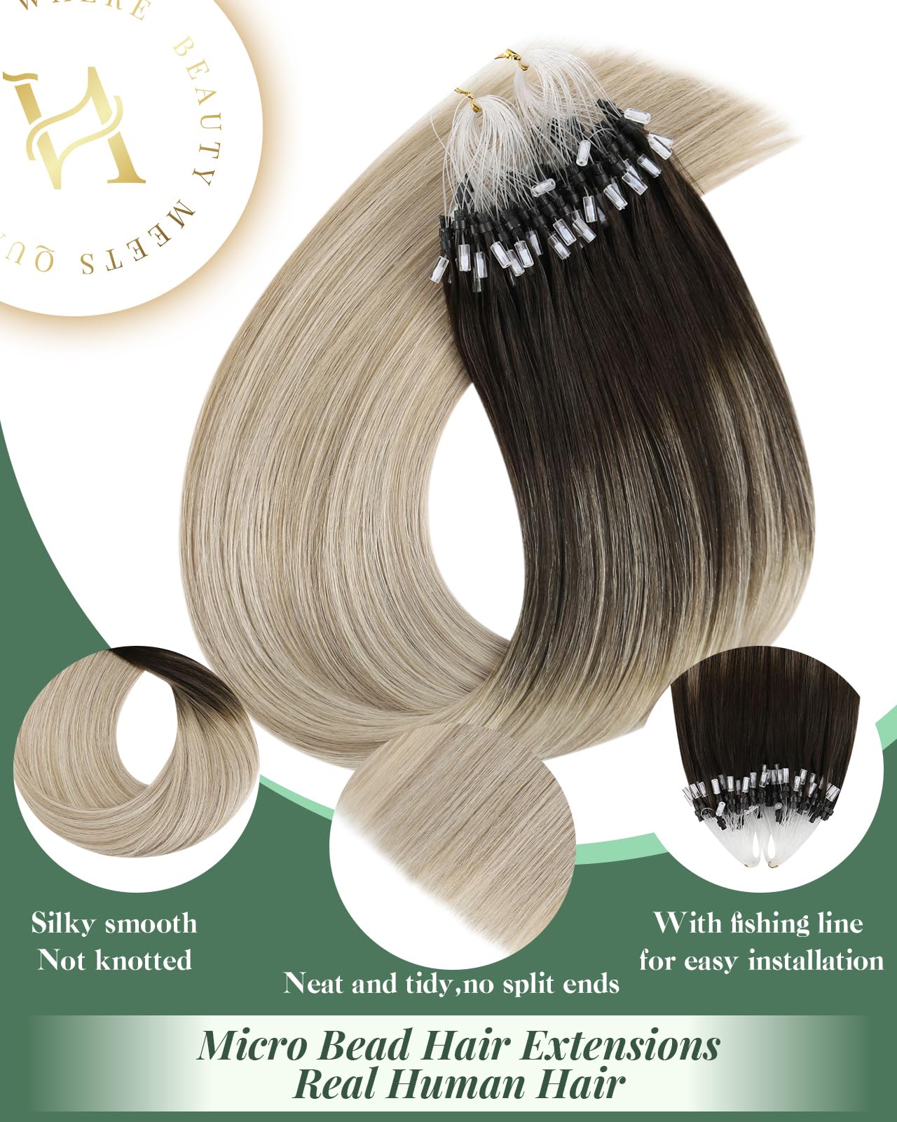 Ugeat Dopinki do włosów z prawdziwych włosów, mikro-pierścienie, brązowe, blond, 55 cm, balejaż, jasnobrązowy, 50 g, 4/14/60