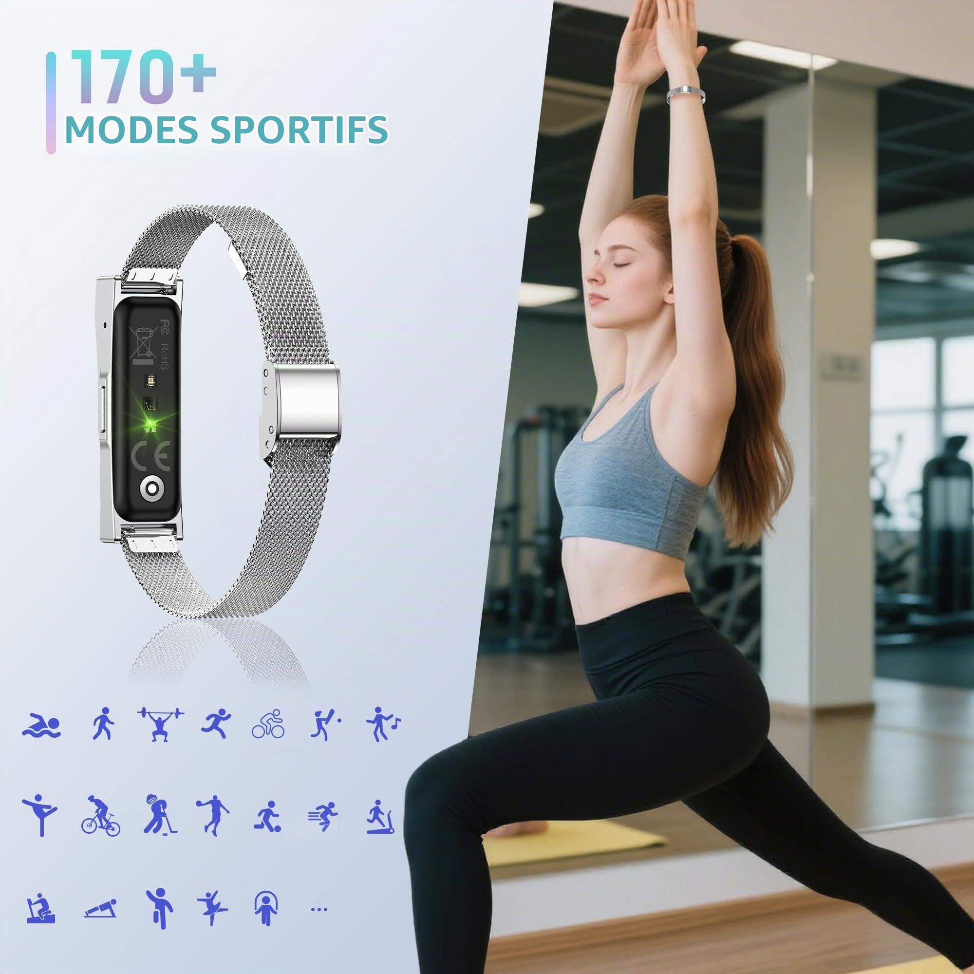 Montre Connectée Femme 170+ Sportifs, GPS Bracelet Tracker Podomètre Cadeau | notification bluetooth, spo2, fréquence cardiaque, sommeil, cycle menstruel, fitness tracker android/ios