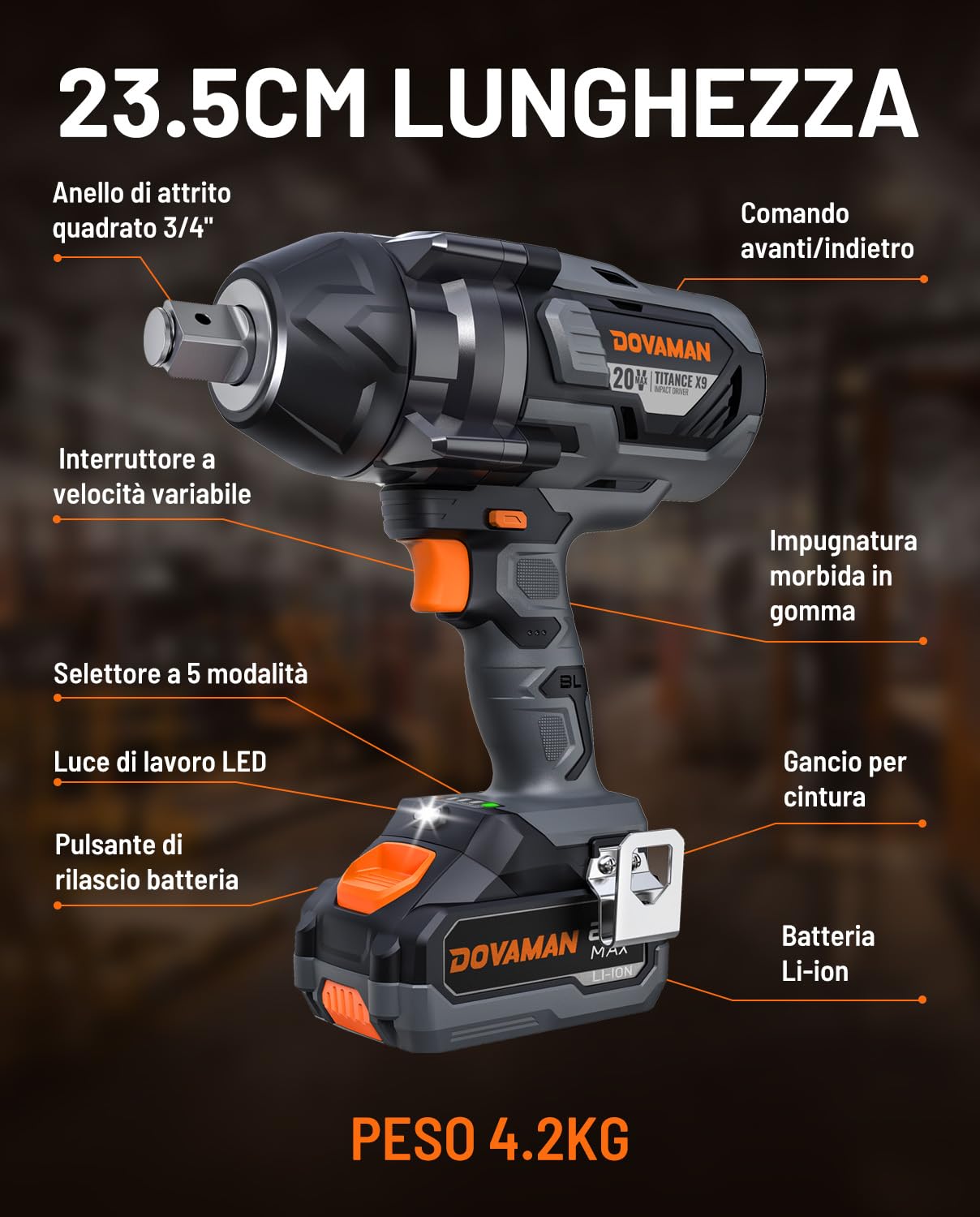 DOVAMAN TITANCE X9 Avvitatore a Impulsi Brushless 20V, Coppia Massima 2200Nm, Chiave a Impatto 3/4'', con Batteria 4.0Ah e Caricabatterie, Per Uso Gravoso e Intensivo