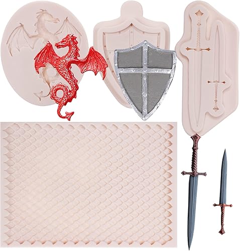 Moldes de silicona de dragón, 4 unidades, diseño de dragón de piel de dragón, espada de chocolate, fondant, para decoración de pasteles, decoración