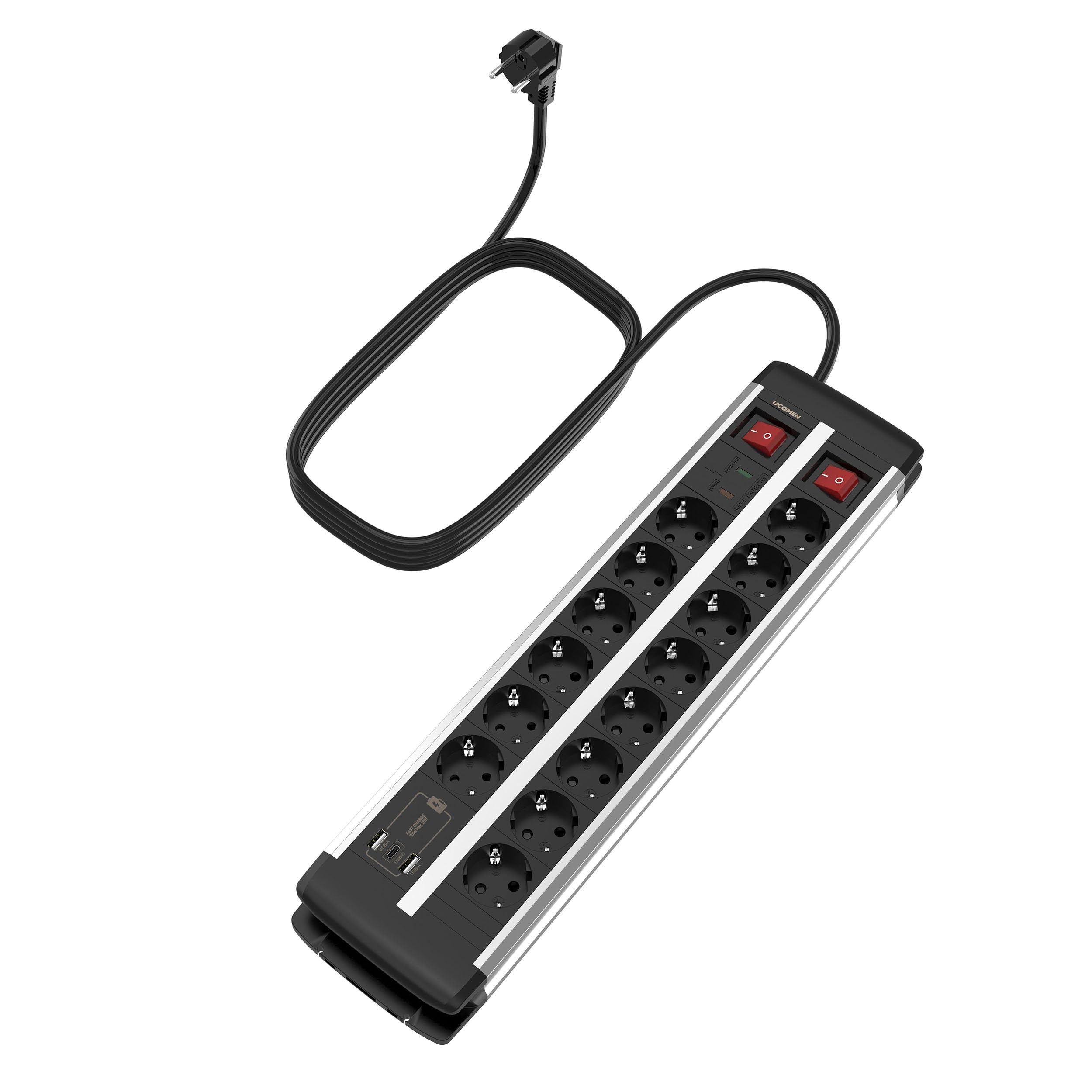 UCOMEN 14-Fach Steckdosenleiste mit 2 Schalter, Überspannungsschutz, Überlastschutz, 20W USB A und USB C, 2m Verlängerungskabel für Compute Desk, Büro, Besprechungsraum 16A/3680W