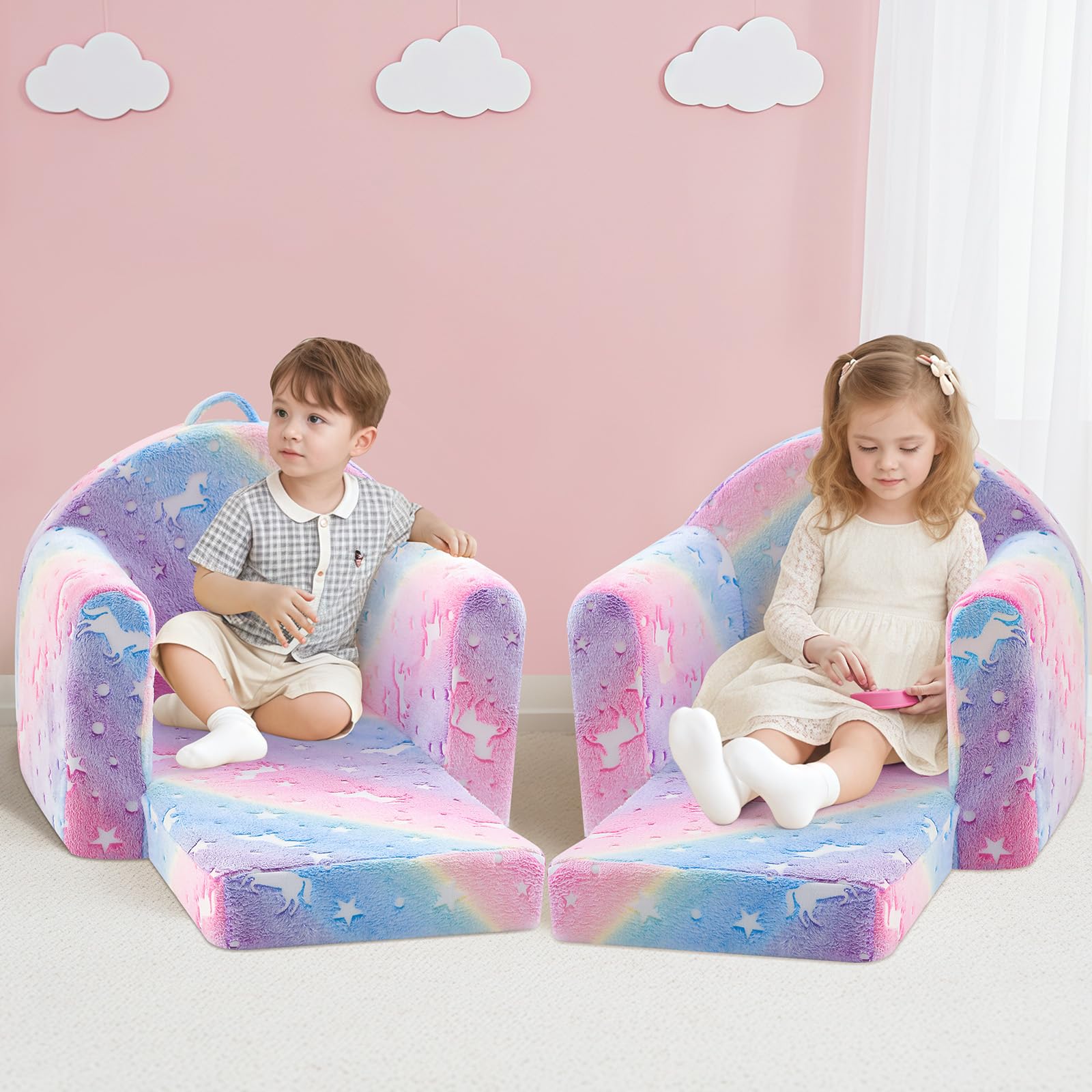 MeMoreCool Divano per bambini, comodo divano per bambini in peluche, divano letto convertibile per bambini, reclinabile e pieghevole, mini divano per bambini da 1 a 3 anni, motivo: unicorno arcobaleno
