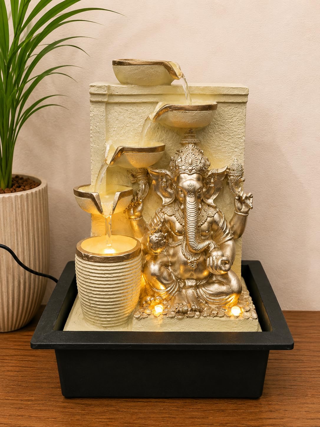 CHRONIKLE Polyresin White Golden Ganesha Idol Tabletop Indoor 4 Diya Steps Water Fountain for Home Decor with Yellow LED Light & Speed Controller Pump (Size: 39 x 29.5 x 22CM | Weight: 2195grm)-image-33