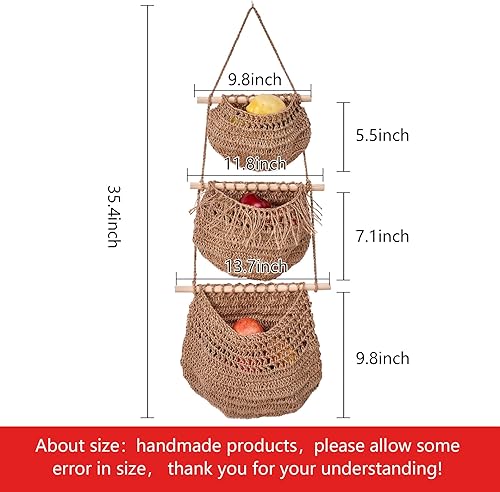 Miniatura 2 de Cestas de frutas colgantes para cocina, cestas de pared bohemias de 3 niveles hechas a mano para organizar y decorar sala de estar, dormitorio,
