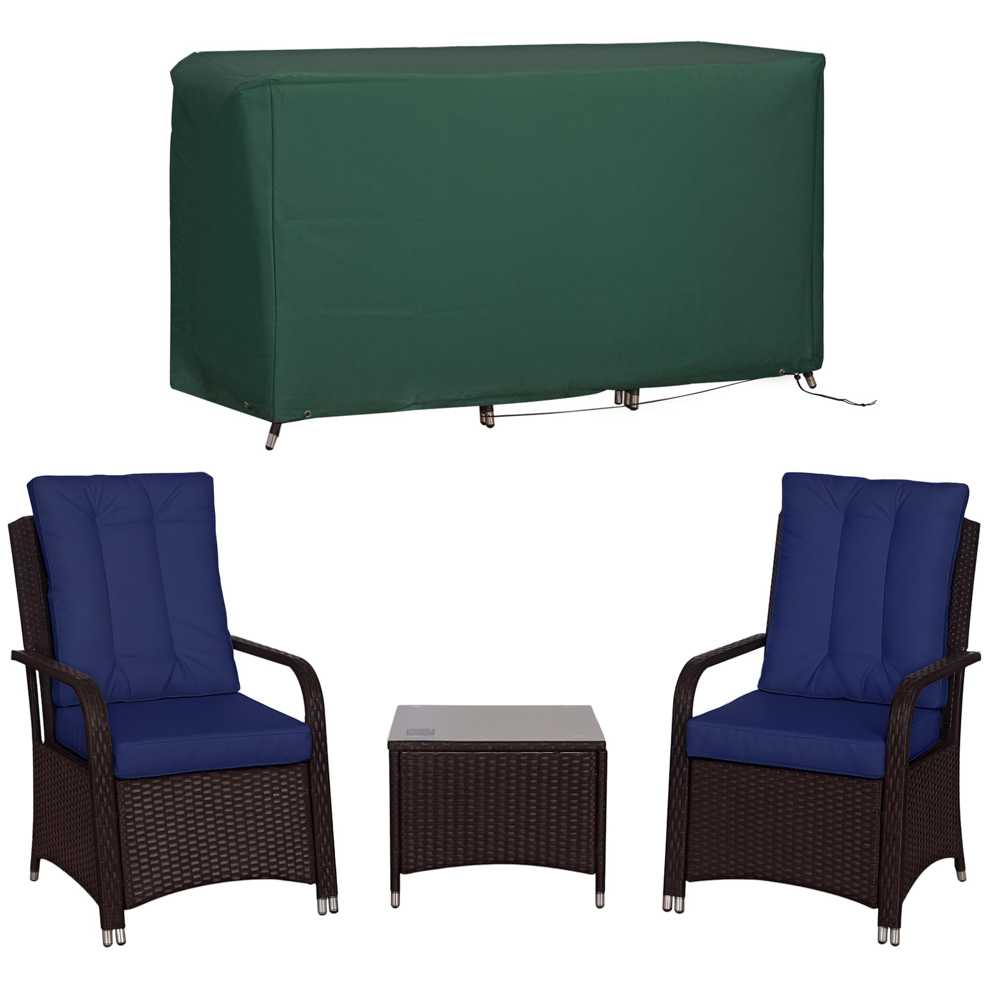 Outsunny 3 Pieces Rattan Bistro Set with Furniture Cover, Wicker Garden Furniture Set, Glass Top Coffee Table and Chairs with Cushions for Outdoor, Patio, Balcony, Dark Blue