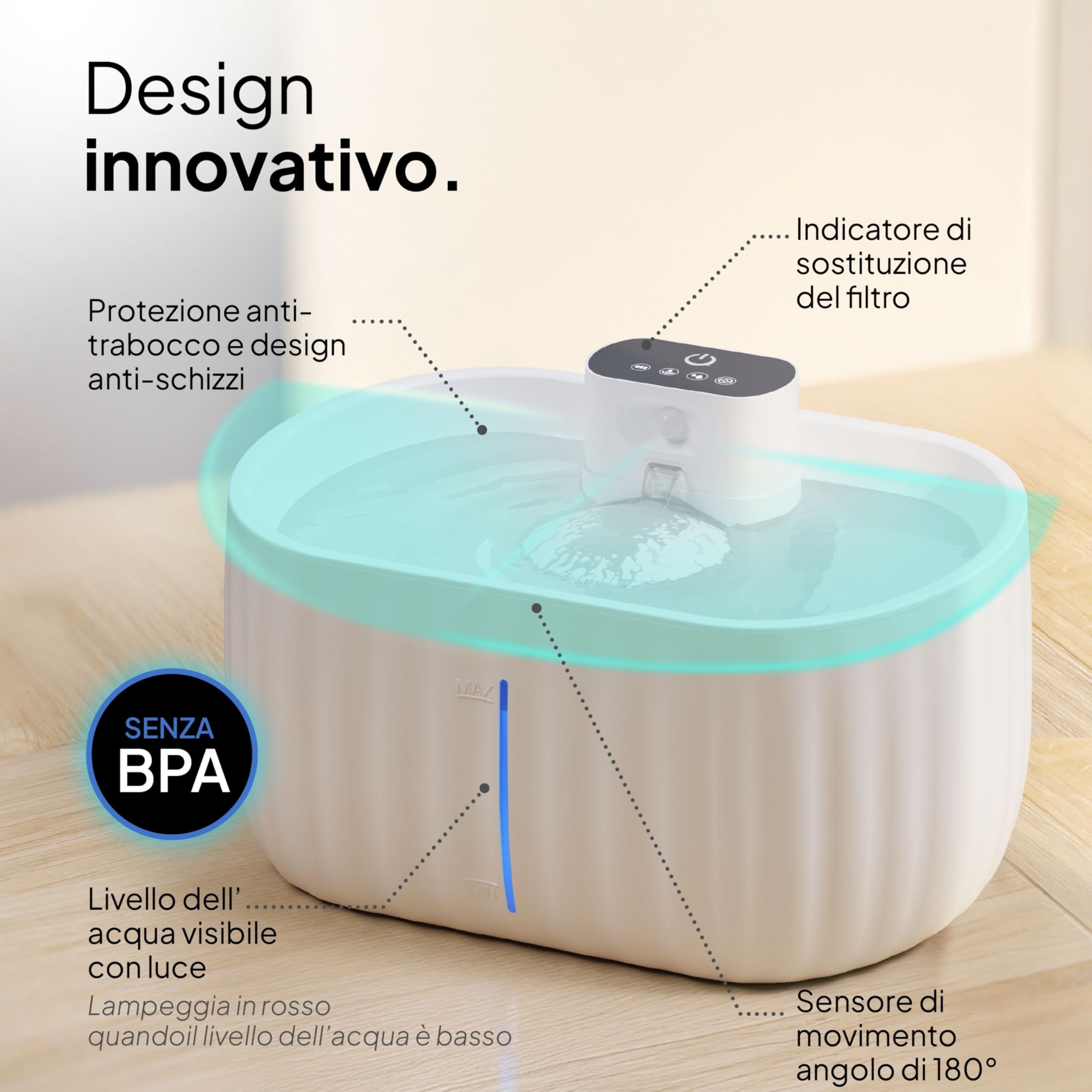 Pretty Paw Fontanella per Gatti Senza Fili 3L - con Sensore e Modalità Programmata, Acqua in Movimento per Stimolare a Bere, Struttura Leggera in ABS per Uso Domestico - Aqua Sense Pro (Bianco)