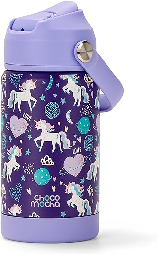 Choco Mocha Unicorn - Botellas de agua reutilizables de acero inoxidable aisladas para niñas pequeñas, botella de agua para niños con pajilla, 12