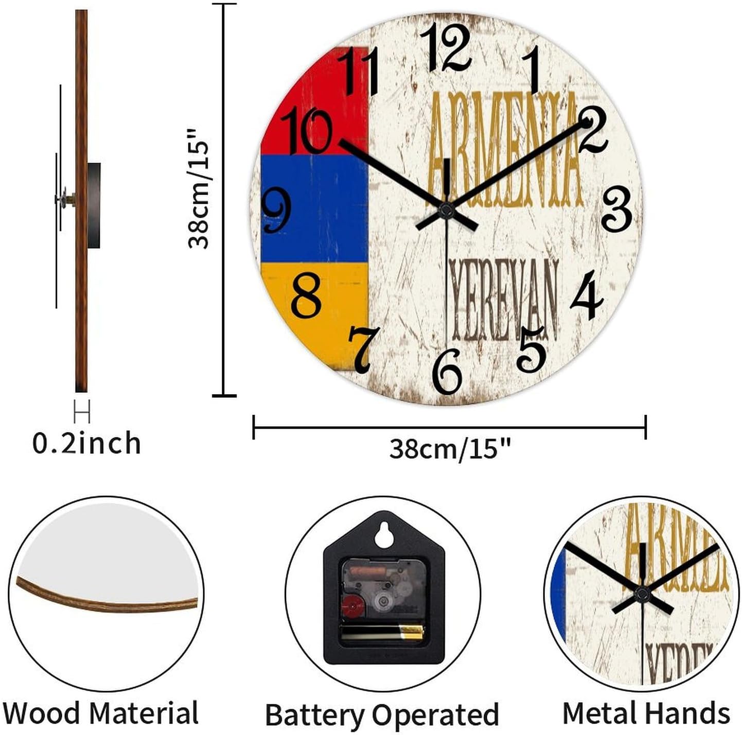 15 Inch PVC Wall Clock Armenia Yerevan Digital Wall Clock Armenia National Flag Large Clock Wall Decorations for Bedroom Office School Decorations
