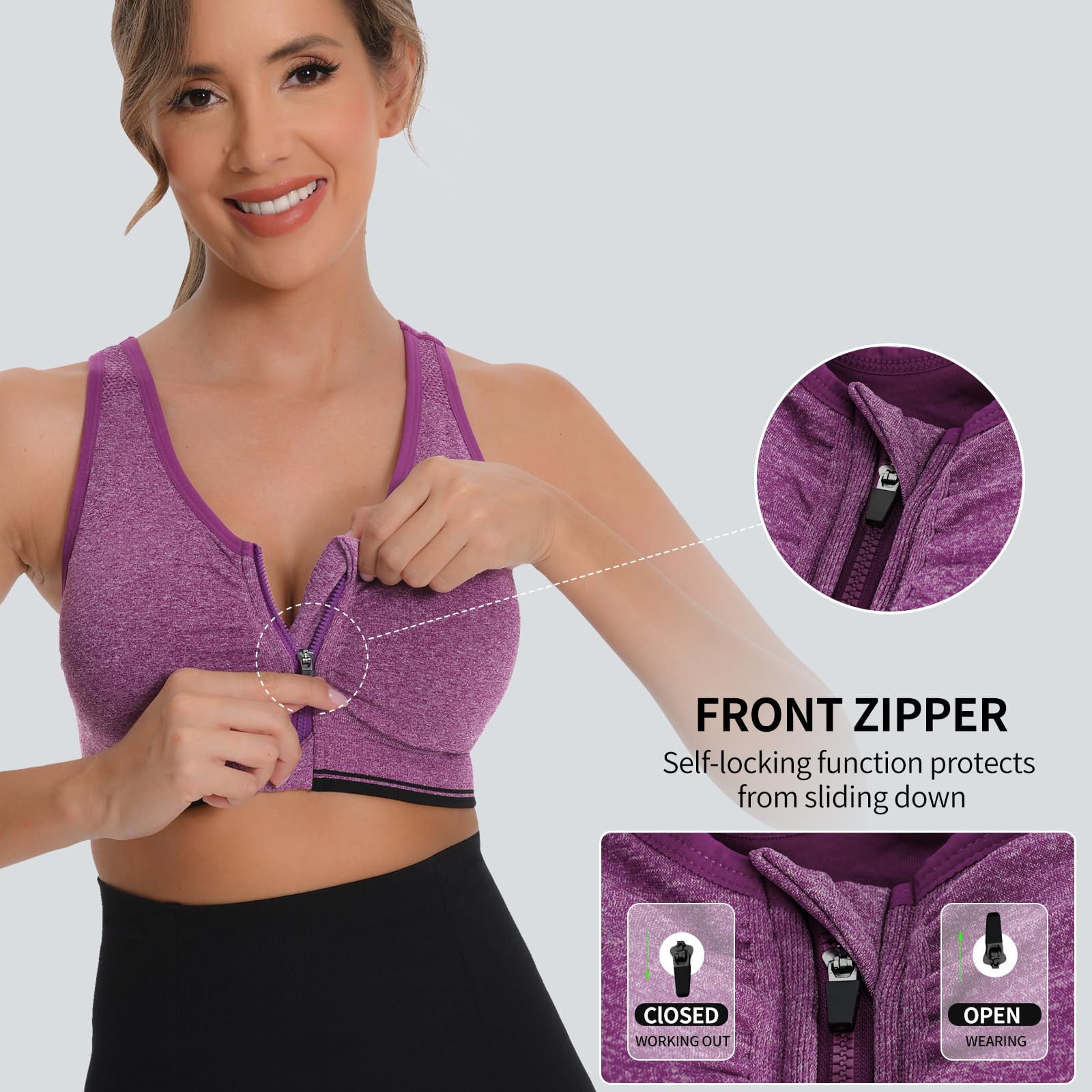 Sujetador Deportivo Mujer Racerback Cremallera Frontal Impacto Medio Sport Bra con Relleno 2 Pack