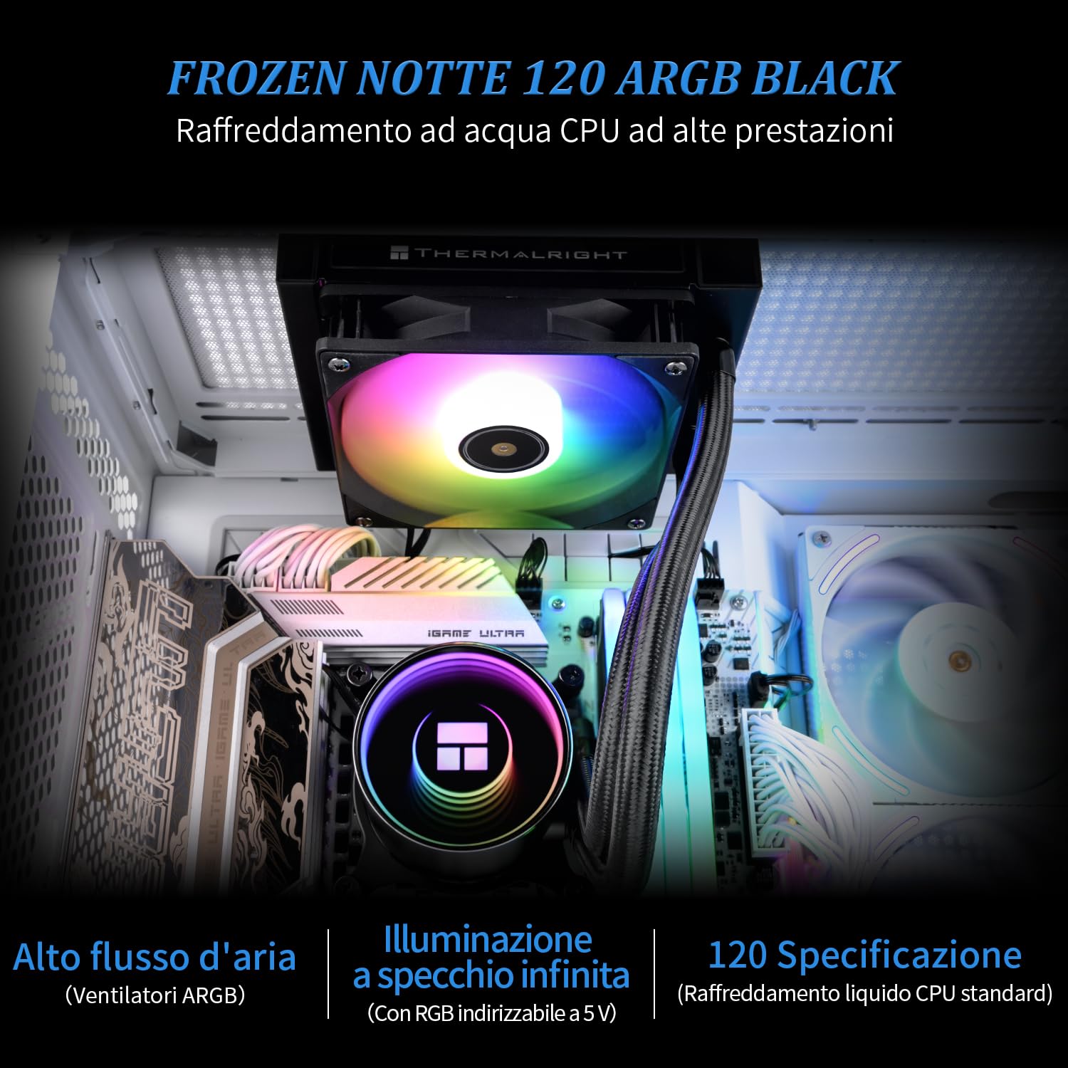 TR-Frozen Notte 120 ARGB Bianco Raffreddamento liquido del processore, Velocità della testa della pompa AIO fino a 2800RPM, Ventilatori TL-E12W-S V2 PWM, per AMD/AM4/AM5, Intel LGA1851/1700