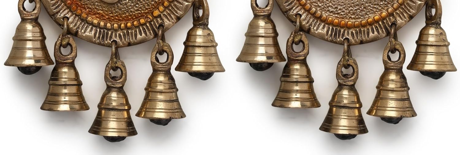 NAMS Brass Shubh Labh Wall Hanging Bells Set of 2 Antique Finish Decoration Lucky Charm for Main Door, Temple, Entrance & Pooja Room | Traditional Indian Festive Collectible Home Decor (22 x 11cm)