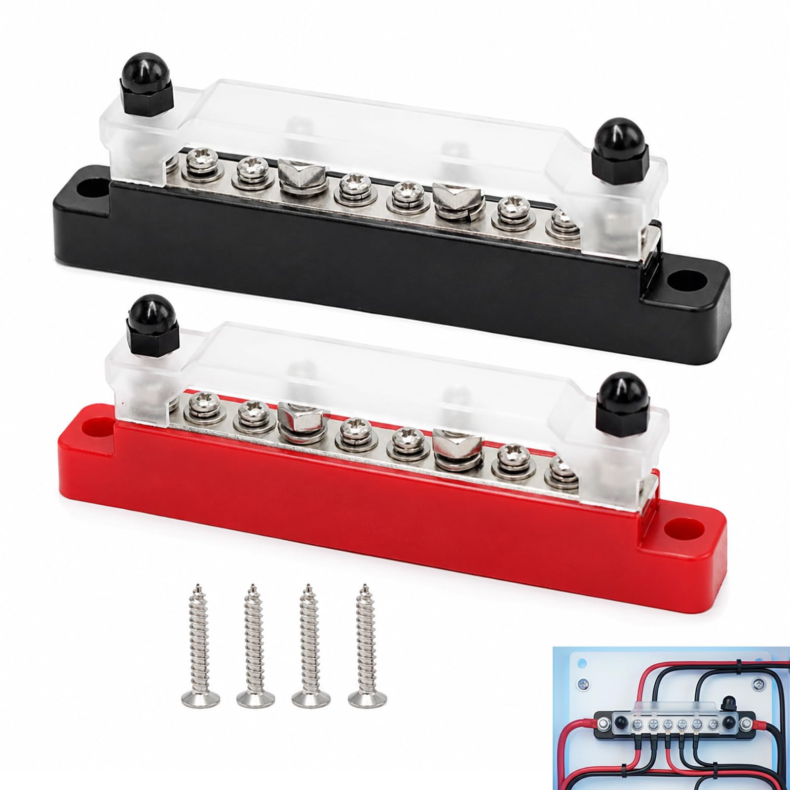 2 PCS 150A Bus Bar, DC Bus Bar 12V-48V Power Distribution Terminal Block with Cover 4 x M6 Studs and 6 x M4 Terminal Screws Marine Bus for Car Boat RV Yacht Caravan Electrical Wiring Red Black