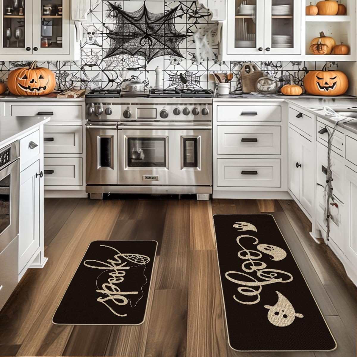 Artoid Mode Spooky Spider Web Ghosts Boo Decorative Kitchen Mats Set of 2, Seasonal Halloween Holiday Party Low-Profile Floor Mat for Home Kitchen - 17x29 and 17x47 Inch