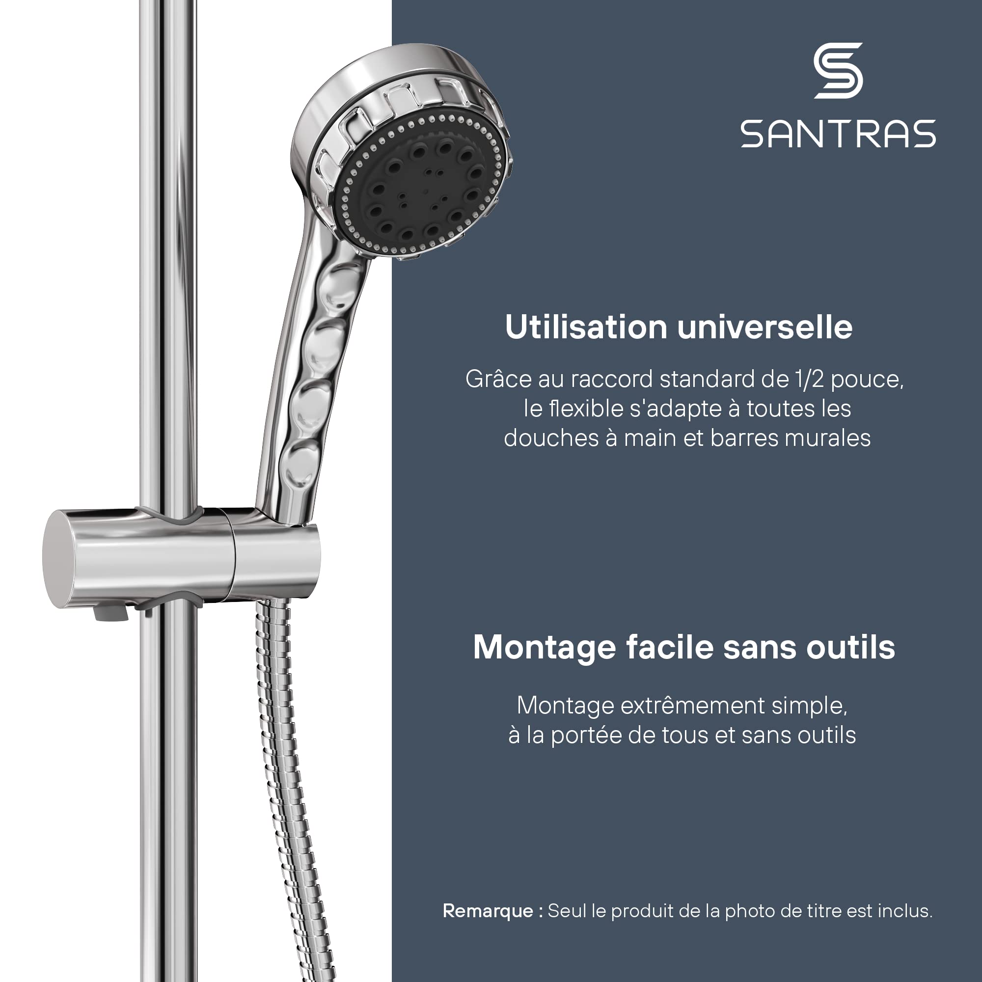 SANTRAS® Flexible de Douche 0,50 m inox Chromé – tuyau douche anti-torsion et anti-pliure | raccord universel 1/2" avec joints pour douche